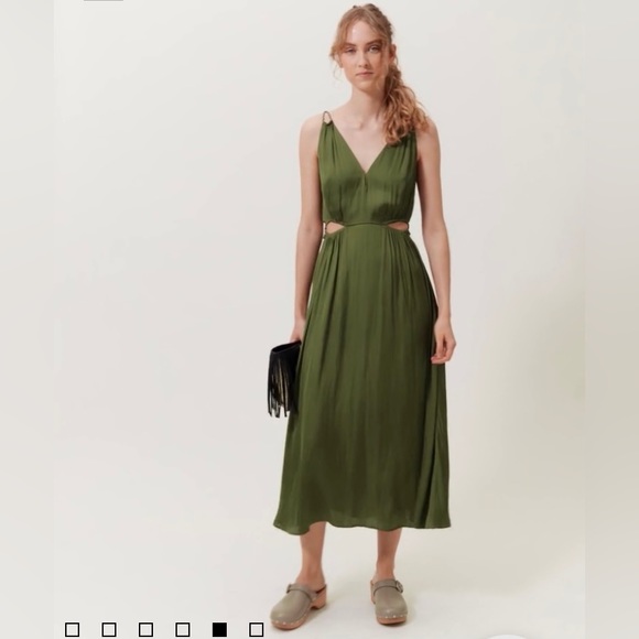 SIZE 34 MAJE KHAKI SATIN LONG STRAIGHT-CUT DRESS WITH OPENWORK AT THE WAIST 👗 - Picture 8 of 11